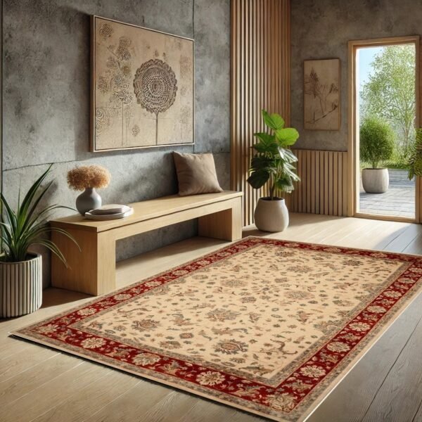 Handcrafted Afghan carpet featuring intricate floral patterns and vibrant colors, showcasing traditional craftsmanship