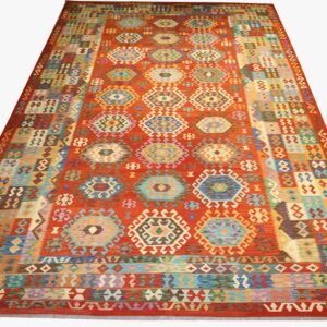 “Handmade multicolored geometric pattern Kilim rug with traditional motifs”