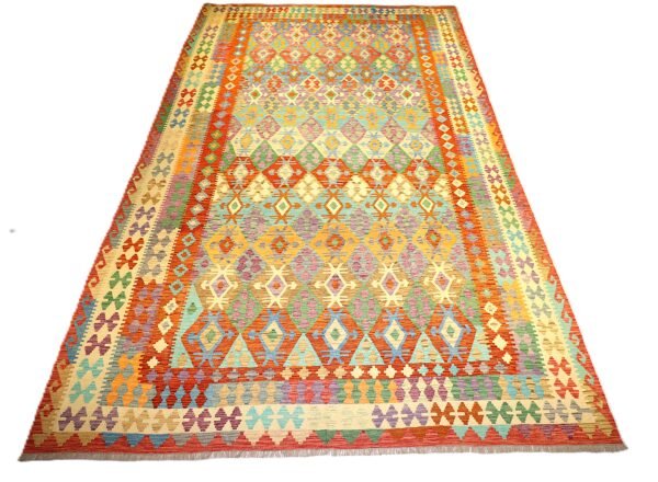 “Handmade multicolored geometric pattern Kilim rug with traditional motifs”