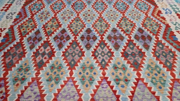 Afghan Handmade Multicolored Geometric Pattern Kilim Rug -Stock #KLM-3777-Size-591x315-Cm19.3×10.3FT - Image 2