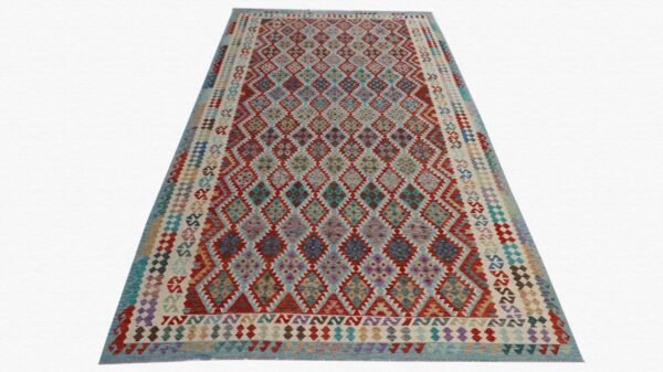 “Handmade multicolored geometric pattern Kilim rug with traditional motifs”