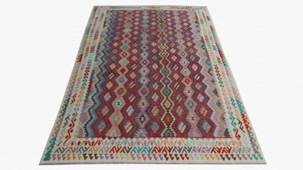 “Handmade multicolored geometric pattern Kilim rug with traditional motifs”