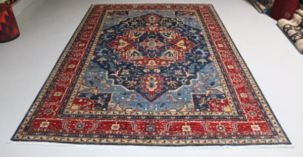 Traditional Handmade Wool Rug – Afghan-Inspired Medallion Design in Red, Blue, and Gold (Stock #CH-929) – Size: 299 x 204 CM (9.8x 6.6 FT)
