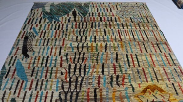 Handmade Wool Rug – Abstract Nature-Inspired Design in Yellow, Teal & Beige(Stock #CH-921) – Size: 292 x 203 CM (9.5x 6.6 FT) - Image 2