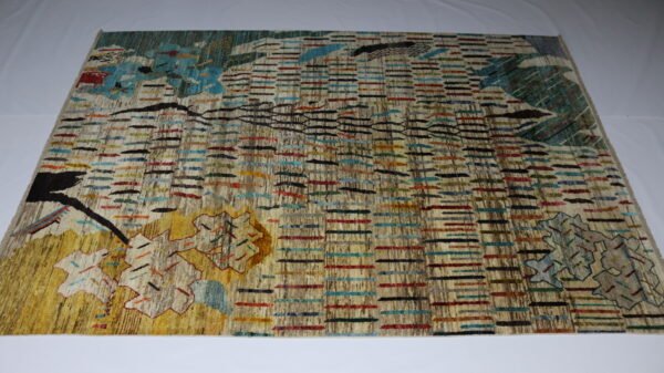 Handmade Wool Rug – Abstract Nature-Inspired Design in Yellow, Teal & Beige(Stock #CH-921) – Size: 292 x 203 CM (9.5x 6.6 FT) - Image 4